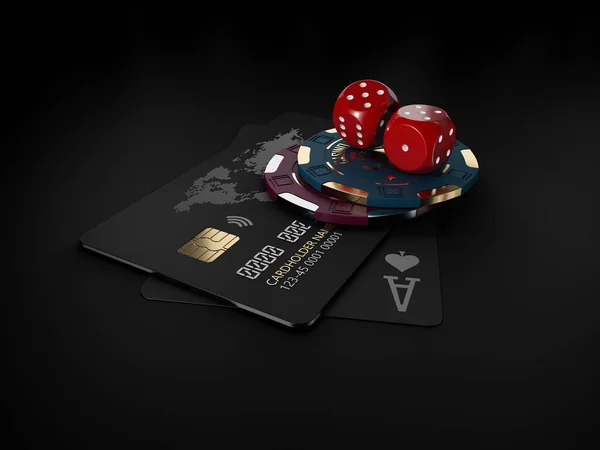 3Dカジノの金のチップと銀行カード付きブラックプレイカードのレンダリング — ストック写真