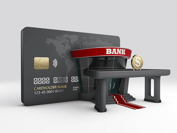 Rendu Carte Crédit Avec Bâtiment Banque Chemin Coupe Inclus — Photo