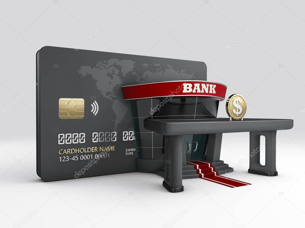 3d Rendering of Credit Card with Bank Building. clipping path included