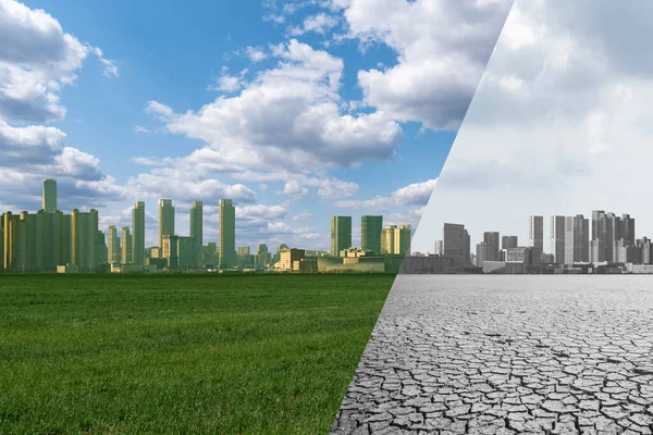 Collage von Stadt mit grünem Feld und blauem Himmel und Stadt mit Wüste und grauem Himmel. — Stockfoto