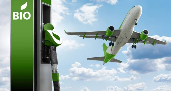 飞机和一个加油站上面有Bio字样去碳化概念 — 图库照片