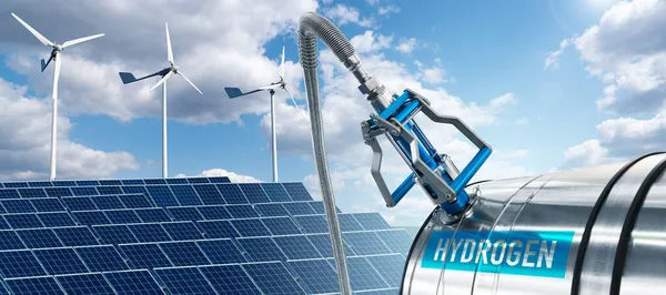Wasserstofftankstelle Mit Sonnenkollektoren Und Windrädern Hintergrund Grüner Wasserstoff Aus Erneuerbaren — Stockfoto