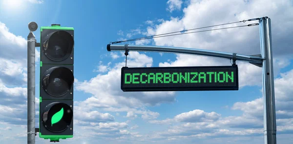 Світлофор Символом Листя Інформаційною Дошкою Текстом Decarbonization Тлі Блакитного Неба — стокове фото