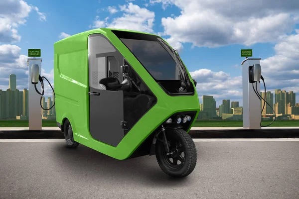 Begreppet Grön Leverans Elektrisk Trehjuling Scooter Med Laddstation Bakgrund Stadsbilden — Stockfoto