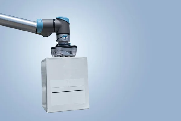Robot Arm Met Dozen Een Grijze Achtergrond Slimme Industrie Concept — Stockfoto