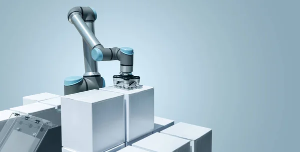 Ramię Robota Pudełkami Szarym Tle Koncepcja Inteligentnego Przemysłu — Zdjęcie stockowe