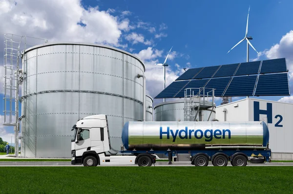 Φορτηγό Ρυμουλκούμενο Δεξαμενή Υδρογόνου Στο Παρασκήνιο Της Αποθήκευσης Αερίου Νέες — Φωτογραφία Αρχείου