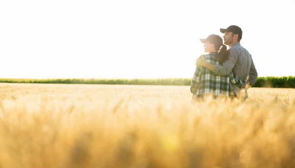 Couple Farmers Plaid Shirts Caps Stand Embracing Agricultural Field Wheat — Foto de Stock