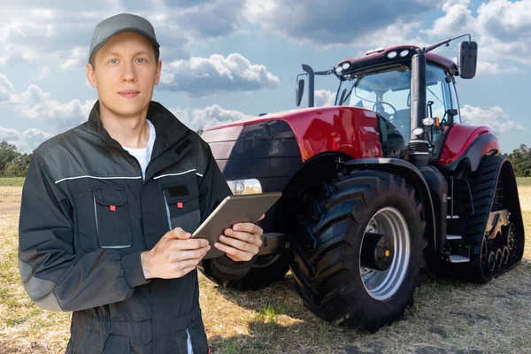 Farmer Digital Tablet Background Agricultural Tractor — Stock Fotó