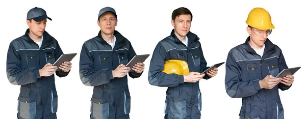 Set Men Digital Tablet Serviceman Worker Engineer Isolated White — Stock Photo, Image
