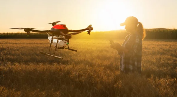 Donna Contadina Controlla Spruzzatore Drone Con Una Tavoletta Agricoltura Intelligente — Foto Stock