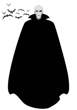 Beyaz arka planda izole edilmiş bir grup yarasanın altında siyah pelerin giyen vampir.