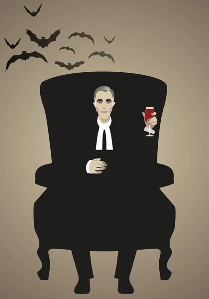 Vampir Sitzt Einem Sessel Und Hält Ein Glas Wein Oder — Stockvektor