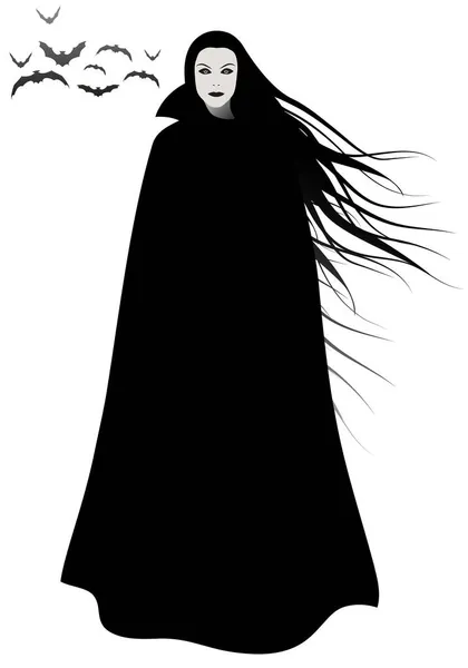 Niepokojąca Kobieta Długimi Włosami Wiejącymi Wietrze Nosząca Długą Czarną Pelerynę — Wektor stockowy