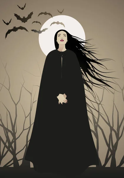 Женщина Длинными Черными Волосами Одетая Черное Стоящая Фоне Сухих Ветвей — стоковый вектор