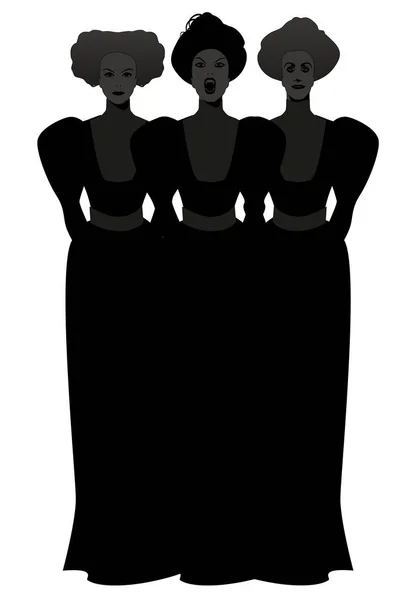 Silhouette Three Disturbing Women Dressed Nineteenth Century Style Isolated White — Stock Vector