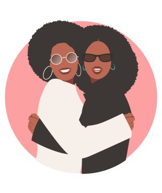 Genç gülümseyen Afro-Amerikan kadınları mutlu bir şekilde sarılıyorlar, moda gözlükler takıyorlar ve 70 'lerin saç stili.