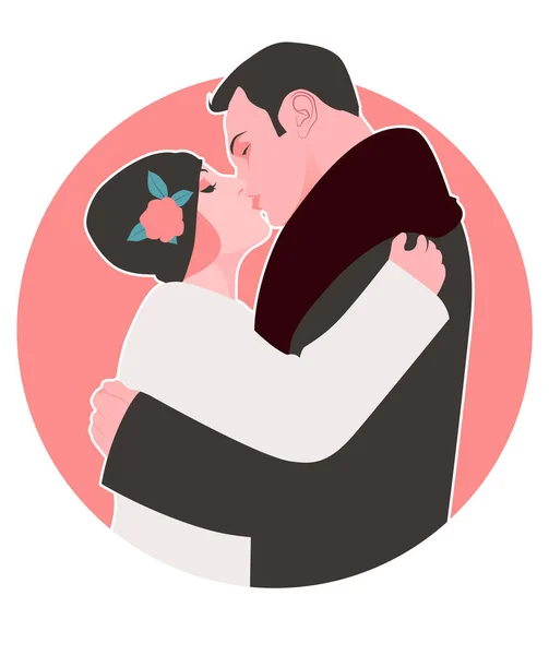 Young Embracing Couple Kissing Lovingly Wearing Retro Style Clothes — Stock Vector