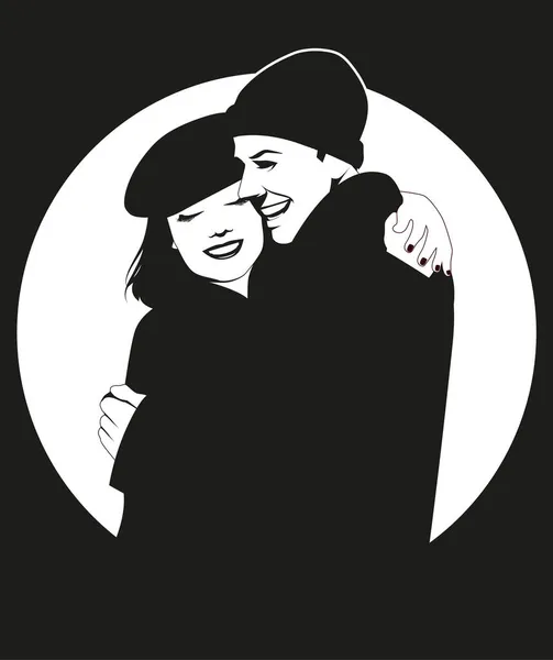 若いと笑顔のカップルは 冬服を着て受け入れる レトロなノワール映画漫画スタイル — ストックベクタ