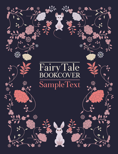 Ornamental frame of flowers and animals for fables and fairy tales. Vintage style storybook cover