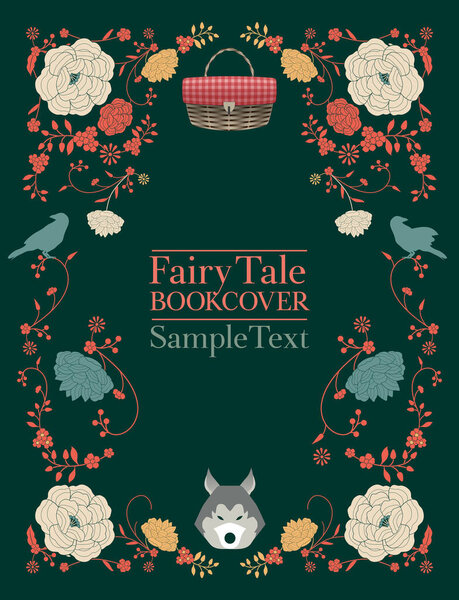 Ornamental frame of flowers and animals for fables and fairy tales. Vintage style storybook cover