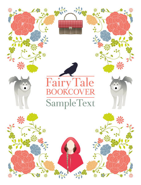 Ornamental frame of flowers, animals and little red riding hood. Coverbook for fables and fairy tales. Vintage style storybook cover