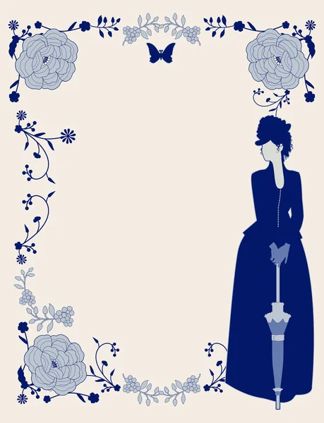 花の装飾的なフレームとエレガントな勝利の女性 ヴィンテージスタイルのストーリーブックカバー 地中海スタイルのヴィンテージタイル — ストックベクタ
