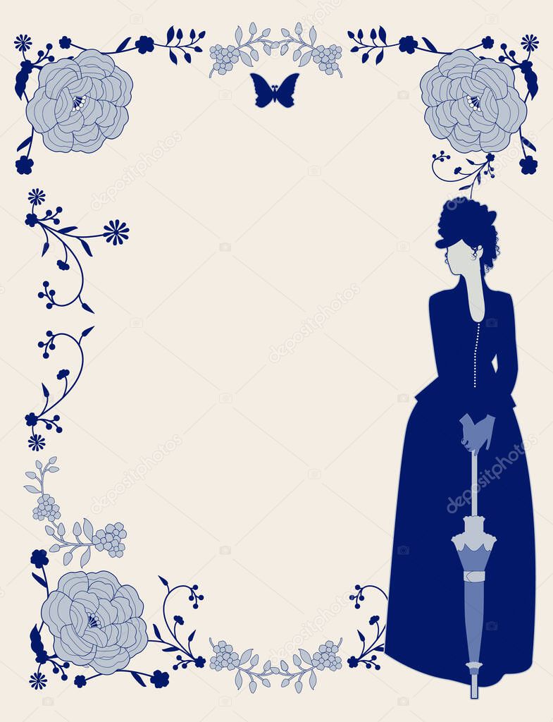 Ornamental frame of flowers and elegant victorian lady. Vintage style storybook cover. Mediterranean style vintage tile