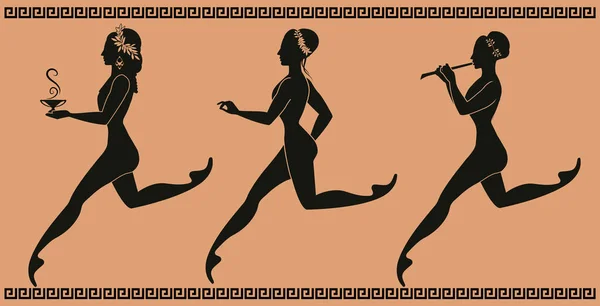 Przedstawiciele Klasycznej Ceramiki Greckiej Trzy Dziewczyny Biegają Tańczą Grają Muzykę — Wektor stockowy
