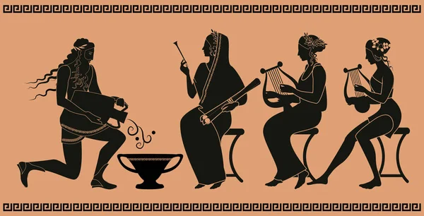 Przedstawiciele Klasycznej Ceramiki Greckiej Trzy Kobiety Lub Muzy Wodny Mężczyzna — Wektor stockowy