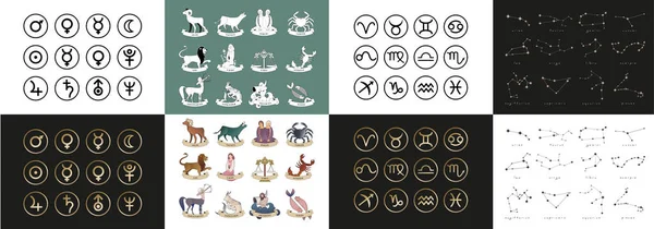 Zodiac Sembolleri Çizimleri Şaretlerin Gezegenlerin Sembolleri Takımyıldızları — Stok Vektör