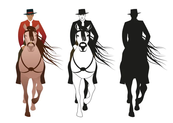 Man Paardrijden Spaanse Stijl Met Een Hoed Typische Andalusische Kleding — Stockvector