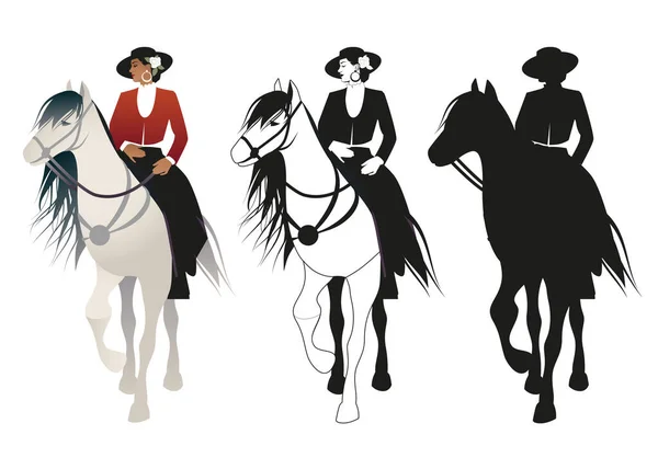 Γυναίκα Ιππασία Ένα Άλογο Ισπανικό Στυλ Φορώντας Λουλούδι Καπέλο Και — Διανυσματικό Αρχείο