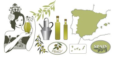 İspanyol zeytinyağıyla ilgili çizimler. İspanya haritası, İspanyol kadın, metal şişeler ve yağ kutusu, etiket ve zeytin dalları.