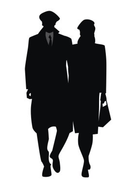 Walking couple silhouettes wearing retro style clothes, isolated on white background