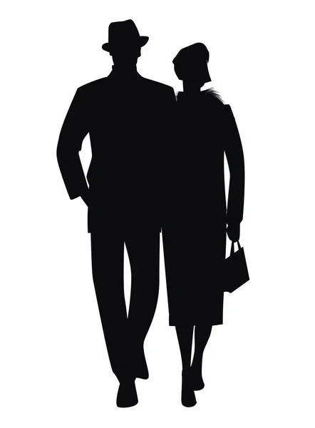 Walking Couple Silhouettes Wearing Retro Style Clothes Isolated White Background — Stockový vektor