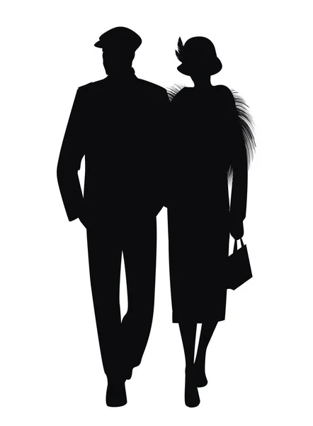 Des Silhouettes Couple Marchant Portant Des Vêtements Style Rétro Isolés — Image vectorielle