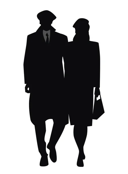 Walking Couple Silhouettes Wearing Retro Style Clothes Isolated White Background — Vector de stock