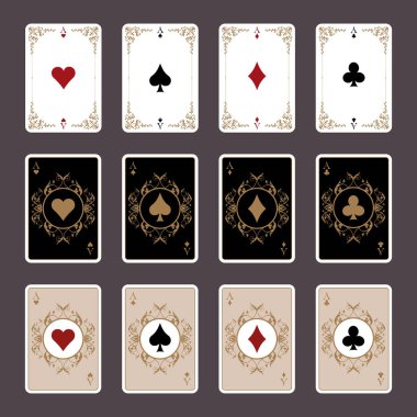 Poker Aces 'ın eski moda tarzları, eski çerçeveler, filigranlar ve renkli arkaplanlar.