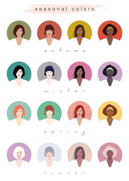 Εποχιακά Χρώματα Χρωματομετρία Για Γυναίκες Διαφόρων Φυλών Απομονωμένες Λευκό Φόντο — Διανυσματικό Αρχείο