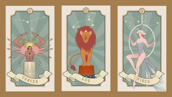 Tarjetas Signos Del Zodíaco Inspirados Mundo Del Circo Vintage Cáncer — Archivo Imágenes Vectoriales