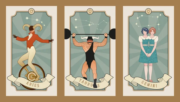 Cards Signs Zodiac Inspired World Vintage Circus Aries Taurus Gemini — Stock Vector