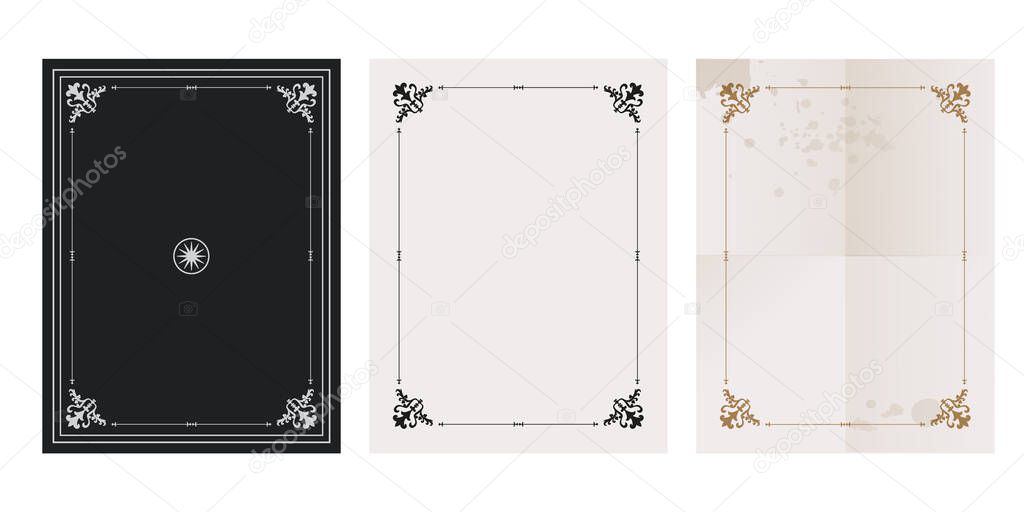 Vintage, old, esoteric ornamental covers, papers and frames isolated on white background