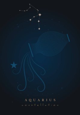 Yıldızlı kozmosun karanlık arka planında poster burcu ve takımyıldızı.