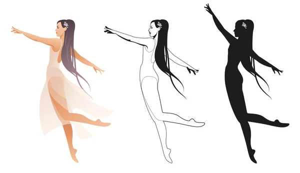 Bailarina Ballet Con Pelo Largo Tres Versiones Color Línea Silueta — Archivo Imágenes Vectoriales