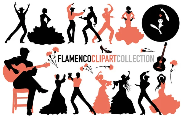 Flamenko Dans Koleksiyonu Tipik Spanyol Kıyafetleri Giymiş Dansçılar Gitarist Spanyol — Stok Vektör
