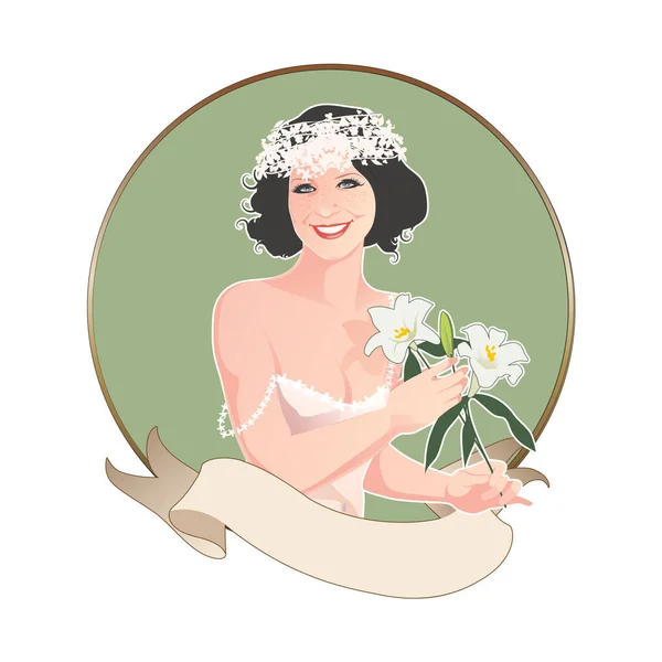 Retro Cartoon Style Pinup Girl Wearing Flowery Bridal Headdress Two — Vetor de Stock