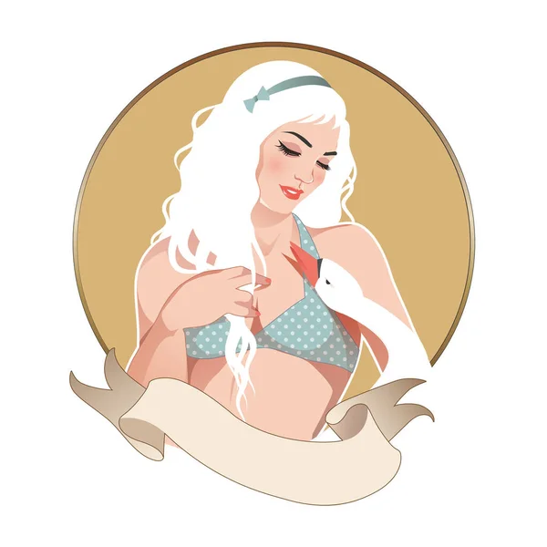 Retro Cartoon Style Pinup Girl Lovingly Looking Swan July August — Stock Vector