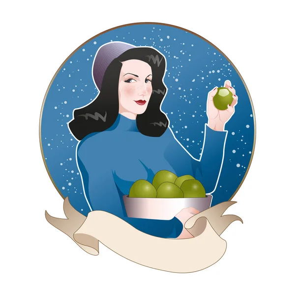 Cartoon Style Pinup Girl Snowy Background Holding Basket Green Apples — Archivo Imágenes Vectoriales