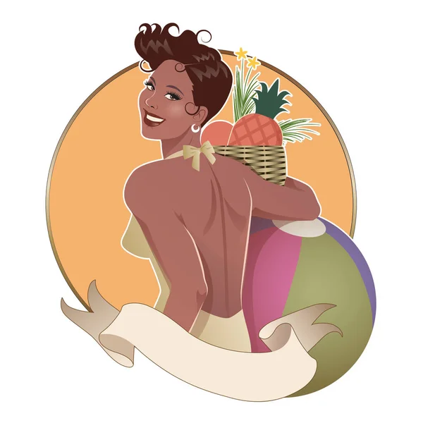 Retro Cartoon Style Pinup Girl Carrying Fruit Basket Beach Ball — Stockvektor